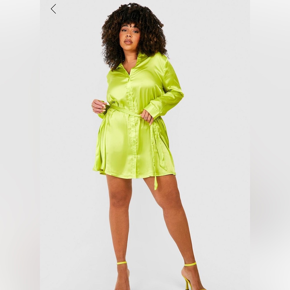 Boohoo plus midi satin belted shirt dress lime